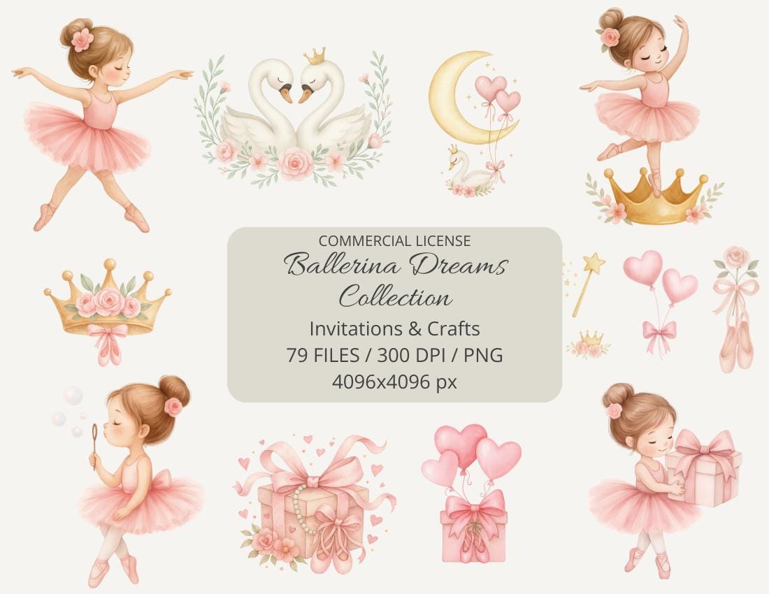 Swan and Ballerina Watercolor Clipart Set,79 PNG Elements for Ballet ...