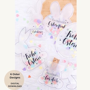 6 påskkort med shaker, förpackning för pengar och presentkort, pysselmall i PDF-format för nedladdning, konfettikort med påskhare, gör-det-själv-påskpresentidé