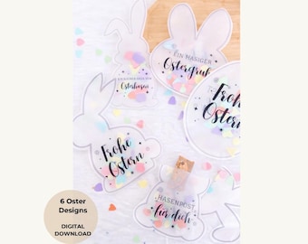 6 Ostern Schüttelkarten, Verpackung für Geld & Gutscheine, Bastevorlage PDF Download, Konfettikarte Osterhase, DIY Geschenkidee Ostern