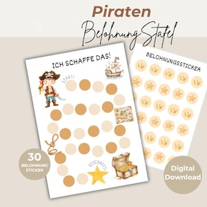 Puede incluir: Dos tablas de recompensas imprimibles con temática pirata. Una tabla presenta una ilustración de pirata, un cofre del tesoro y el texto "ICH SCHAFFE DAS!". La otra tabla tiene pegatinas en forma de estrella. También se ven las palabras "Digital Download".