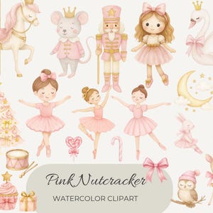 Könnte beinhalten: Aquarell-Cliparts mit einem rosa-goldenen Karussellpferd, einer Maus, einem Nussknacker, einer Ballerina-Puppe, einem Schwan, einem Weihnachtsbaum, Ballerinas und anderen festlichen Elementen. Der Text lautet "Pink Nutcracker Watercolor Clipart".