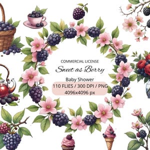 Könnte beinhalten: Aquarell-Illustration mit Elementen zum Thema Beeren. Enthält einen Korb mit Brombeeren, eine Teekanne, eine Teetasse, Blumenarrangements und einen Kranz mit dem Text "Sweet as Berry Baby Shower".