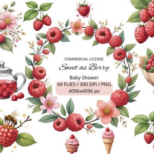 Könnte beinhalten: Aquarellillustrationen mit roten Himbeeren, rosa Blüten und grünen Blättern. Enthält eine Teekanne, einen Himbeerstrauß und eine Biene. Der Text lautet "Sweet as Berry" und "Baby Shower".