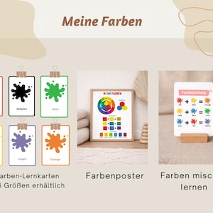 Könnte beinhalten: Lehrmaterialien zum Thema Farben. Das Bild zeigt Lernkarten mit deutschen Farbbezeichnungen, ein Farbkreis-Poster und eine Karte zur Farbmischung. Die Karten zeigen Rot, Schwarz, Grün, Gelb, Violett und Orange.