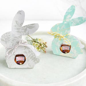 Può includere: Due scatole regalo di carta a forma di coniglietto pasquale, una bianca con motivi a foglie grigie e l'altra azzurra con un disegno floreale. Ognuna contiene un cioccolatino Ferrero Rocher. Le scatole sono legate con spago e poggiano su un vassoio di marmo bianco.