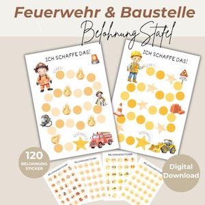 May include: Digital download of reward charts with a fire department and construction theme. The charts feature illustrations of firefighters, construction workers, and related imagery. Includes 120 reward stickers. The text on the chart says "I can do it!"