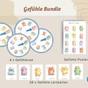Könnte beinhalten: Ein Set aus Lernmaterialien mit farbenfrohen Illustrationen von Cartoon-Monstern, die verschiedene Emotionen darstellen. Enthält vier Emotionsräder, ein Poster und 26 Lernkarten. Der Text "Gefühle Bundle" steht oben.