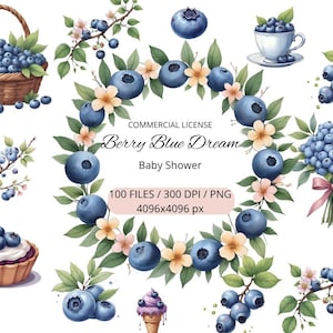 Könnte beinhalten: Aquarellillustrationen von Blaubeeren, Blumen und Blättern. Ein Korb voller Blaubeeren, eine Blaubeertarte und ein Kranz mit dem Text "Berry Blue Dream Baby Shower". Enthält einen Strauß, der mit einem rosa Band gebunden ist.