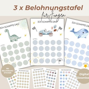 Può includere: Tre tabelle di ricompensa per ragazzi con illustrazioni di dinosauro, auto e balena. Ogni tabella ha cerchi per adesivi e il testo "ICH SCHAFFE DAS!". Include 180 adesivi ricompensa e un download digitale.