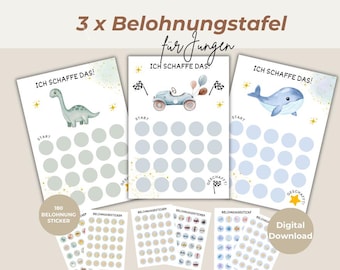 Belohnungstafel für Kinder, Motivationplan mit 180 Stickern, 3 Designs, PDF Download, Belohnungssystem Kinder, Routine und Aufgaben