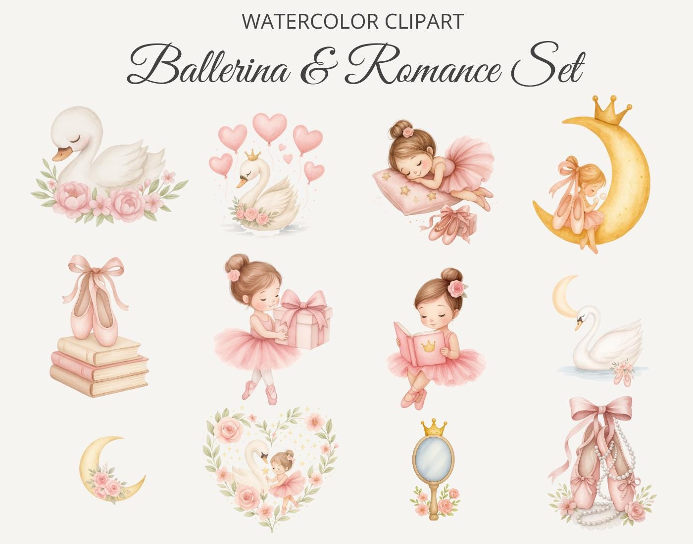 Swan and Ballerina Watercolor Clipart Set,79 PNG Elements for Ballet ...