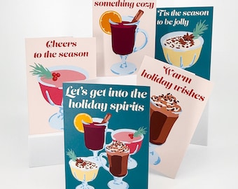 Holiday Cocktails Greeting Card Set | Funny Christmas Cards | Festive Drink Cards Set of 5 | Illustrated Holiday Stationery | Blank Cards