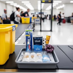 May include: A gray tray filled with travel-sized toiletries, including toothpaste, deodorant, and cotton pads, sits on a conveyor belt at an airport security checkpoint. A yellow TSA bin is in the foreground, with people and a security scanner in the background.