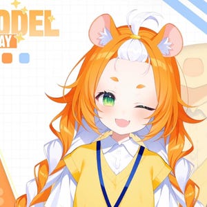 May include: A digital illustration of a smiling anime-style character with orange hair and mouse-like ears. The character is wearing a yellow top with a blue strap and winking. The background is a gradient of orange and white.