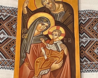 Handgemalte byzantinische Ikone der Heiligen Familie, Eitempera auf Blattgold aus Holz