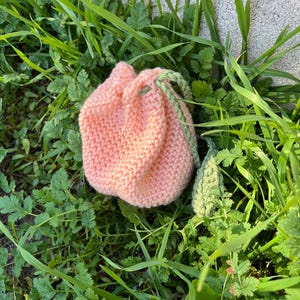 May include: A peach-colored, knitted drawstring bag with a green drawstring and a green leaf-shaped accent. The bag is sitting in a bed of green grass and foliage, with a concrete wall in the background.