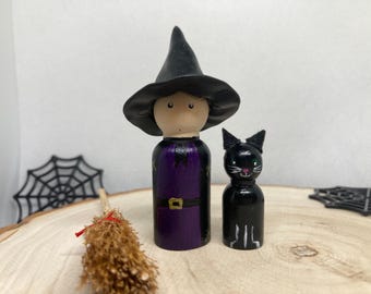 Wooden Witch and Black Cat Peg Dolls | Hand Painted Halloween Decor | Cute Witchcraft Autumn Tiered Tray | Spooky Witch