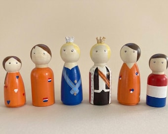 Houten Koningshuis Peg Dolls Set | Handgeschilderde Koninklijke Familie Poppetjes | Willem-Alexander en Maxima | Koningsdag Decoratie Hout