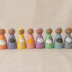 Op de afbeelding: Acht houten peg dolls die verschillende weersomstandigheden uitbeelden. Elke pop heeft een lachend gezicht en is beschilderd in kleuren als oranje, paars, geel, roze, groen, blauw en grijs, met wolken- en zonmotieven. Een charmante set voor fantasierijk spel.