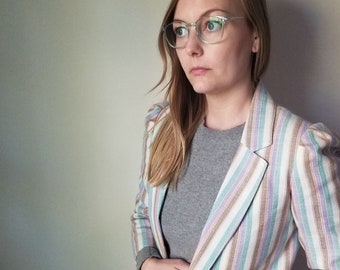 Beautiful 1970s 1980s Rainbow Striped Faux Linen L'Abeille Blazer Jacket