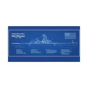 May include: Blueprint-style illustration of the USS Missouri, a United States Navy battleship, with detailed schematics and specifications. The design features the ship's profile, text, and an American flag on a blue background.