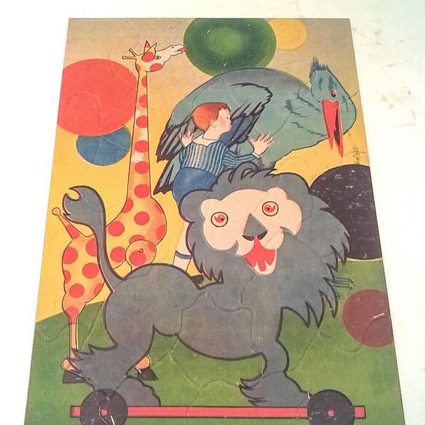 Vintage Children Lion Giraffe Herron Bird Skateboard Art Puzzle, Pre School, Nursery, Childrens Room Wall Decor 1930s 1940s