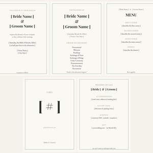 Könnte beinhalten: Ein Set aus fünf cremefarbenen Hochzeitspapeterie-Vorlagen mit schwarzer Serif- und Sans-Serif-Typografie. Die Sammlung umfasst eine Einladung, ein Zeremonienprogramm, ein Menü, eine Tischnummer und eine Karte mit Details, alle mit dünnen schwarzen Rändern.