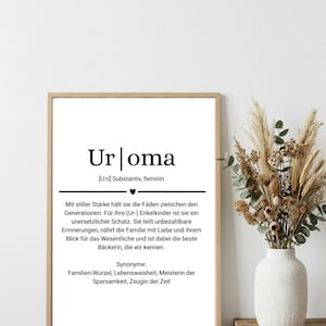 May include: A framed print with the German word "Uroma" in a bold, black font. The print includes a definition and synonyms, all in German. The frame is a light brown color, and the print is displayed on a wooden surface with a vase of dried flowers.