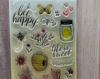 Bee Happy Bee Hive Flowers mason Jar Garden Themed Clear Stamps Momenta NEW