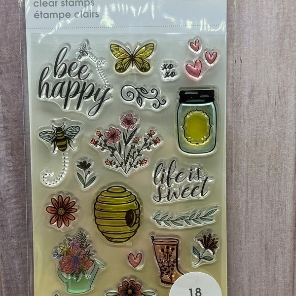 Bee Happy Bee Hive Flowers mason Jar Garden Themed Clear Stamps Momenta NEW