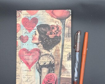 Lady with Roses and Hearts A5 Altered Kraft Journal Lined Pages includes writing instruments