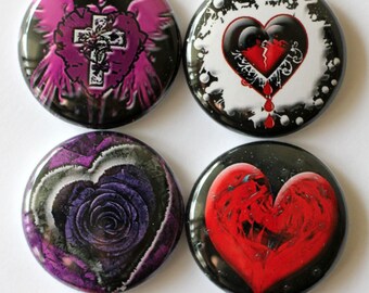 Gothic Hearts, Flair buttons,  set 1 -thru 5, 6 Flair buttons per set, 5 sets to choose from, fun, embellishment badge, pin, scrapbook