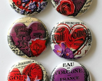 Romantic Hearts, Flair buttons,  6 Flair buttons per set, romantic heart pins, badges, embellishments, for her, for him, my valentine, love