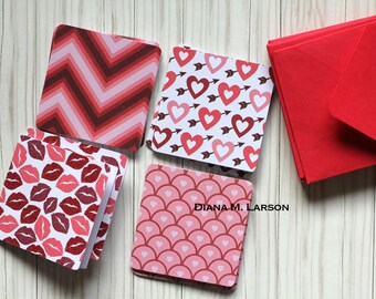 Valentine cards, envelopes, Set of 8 cards,  2.5" x 2.5", Valentine, Handmade  envelopes, Red hearts,red lips, love zig zag