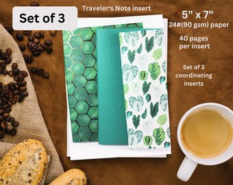 Travelers notebook inserts, SET OF 3 TN inserts, green shade and patterns, tropical flowers, gold foil honeycomb, marble look, signature