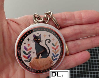 2.25 inch Black Cat Keychain, Halloween Witchy Cat Charm, Cute Cat Lover Gift, Black cat Halloween, 2.25 in. round metal keychain, cat lover