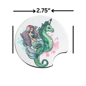 Mermaid Car Coaster, Mermaid on sea horse car coaster, set of 2, 2.75 round, mermaid lovers, car accessory, cool car, drink coaster image 2