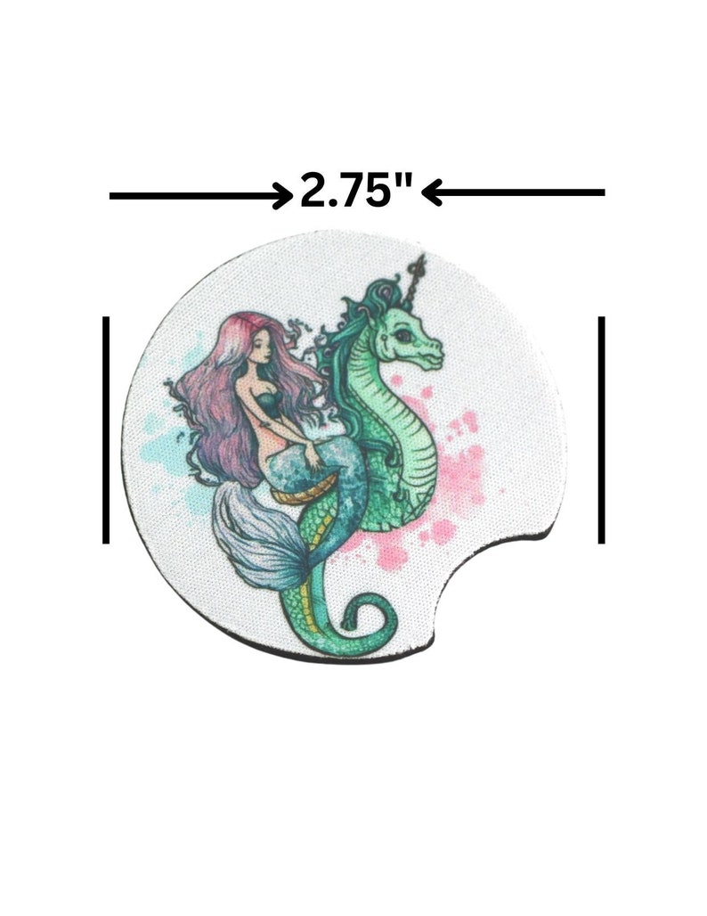 Mermaid Car Coaster, Mermaid on sea horse car coaster, set of 2, 2.75 round, mermaid lovers, car accessory, cool car, drink coaster image 2