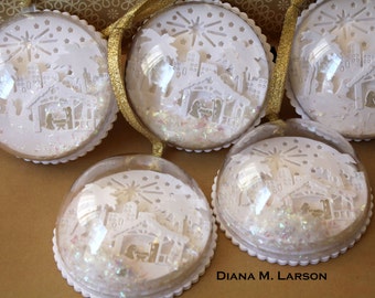 Hand made Nativity Snow Globe ornament   Pure white with gold. Manger scene, baby Jesus, Nativity scene, Ornament, pure white, white as snow