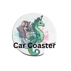 Mermaid Car Coaster, Mermaid on sea horse car coaster, set of 2, 2.75 round, mermaid lovers, car accessory, cool car, drink coaster image 5