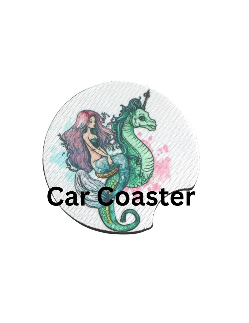 Mermaid Car Coaster, Mermaid on sea horse car coaster, set of 2, 2.75 round, mermaid lovers, car accessory, cool car, drink coaster image 5