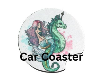 Mermaid Car Coaster, Mermaid on sea horse car coaster, set of 2, 2.75" round, mermaid lovers, car accessory, cool car, drink coaster