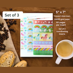 May include: Set of three 5" x 7" Traveler's Note inserts with unicorn and rainbow designs. Each insert has 40 pages of 90 gsm paper.
