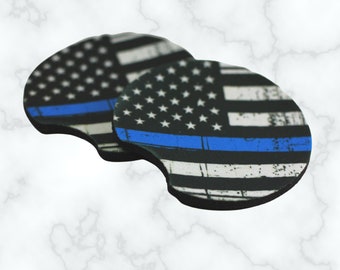 Car Coaster, Thin Blue line Car Coaster, patriotic car coaster, set of 2, thin blue line, car accessory, cool car coaster, stars and stripes