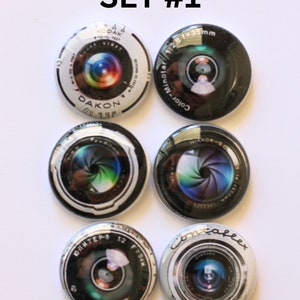 Kamera Objektiv, Vintage Kamera Objektive, 4 Sets zur Auswahl, Kamera Enthusiast, Kamera Objektiv Flair, Abzeichen, Button, Kamera Objektiv Pin