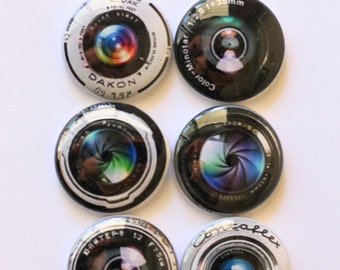 Camera lens, vintage camera lenses, 4 sets  to choose from, camera  enthusiast, camera lens flair, badge, button, camera lens pin