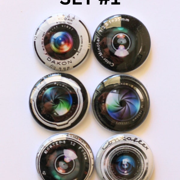 Camera lens, vintage camera lenses, 4 sets  to choose from, camera  enthusiast, camera lens flair, badge, button, camera lens pin