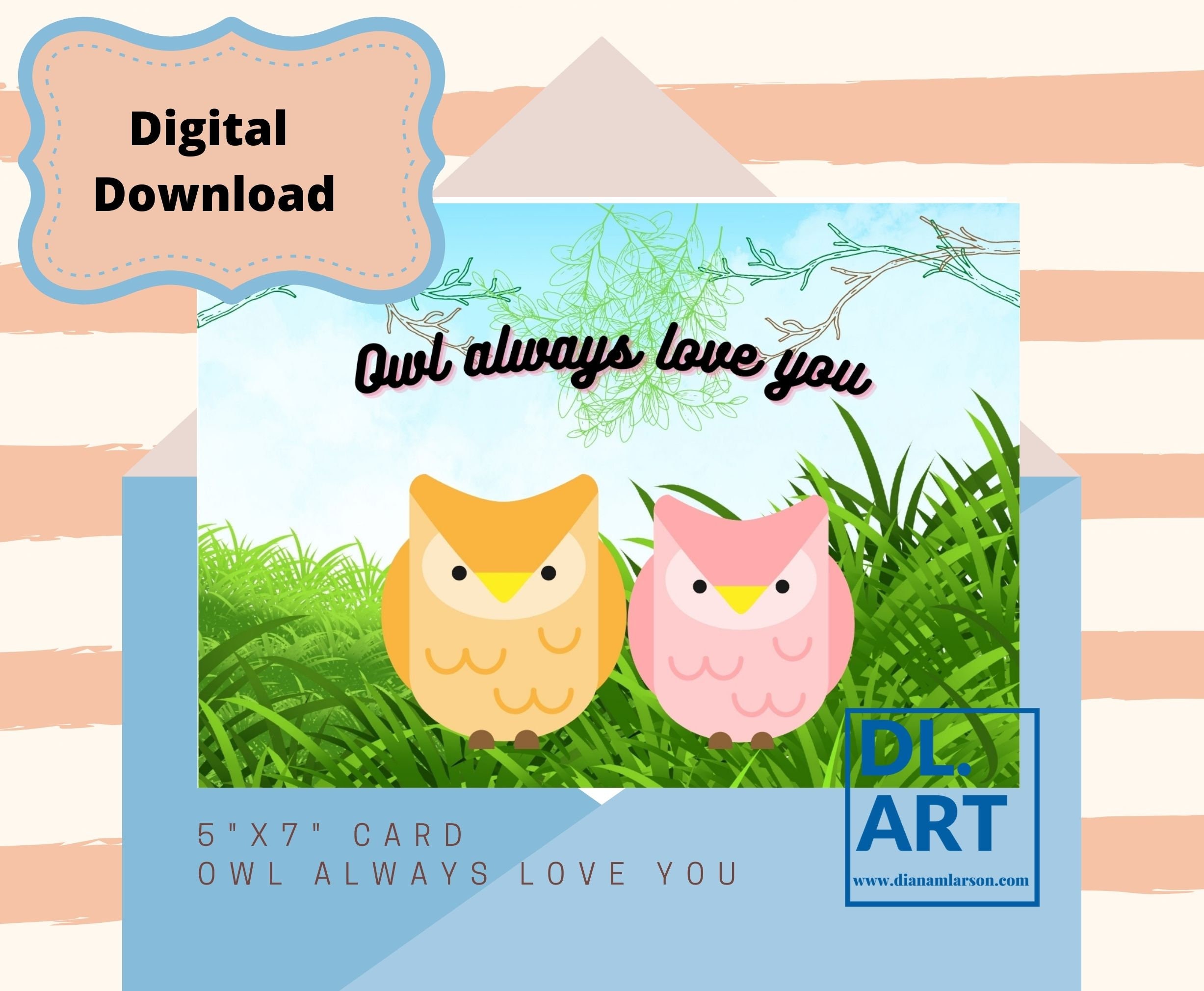 Owl always Love You Greeting Card, Blue background, cake, 5" x 7" greeting card, Birthday