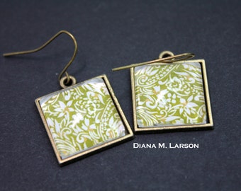 square Earrings, faux antique gold casing, Glass domed, green design, hand made by me