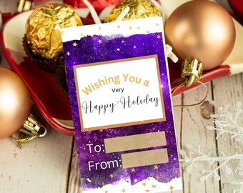 Happy Holiday Tags, Printable Happy Holiday tags, purple  galaxy digital download , printable tags  2" x 3.5", 9 tags